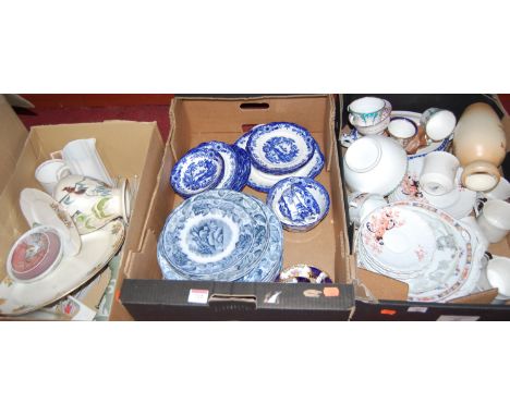 Four boxes containing a quantity of mixed effects, to include blue and white table china, Royal Doulton part tea service, lin