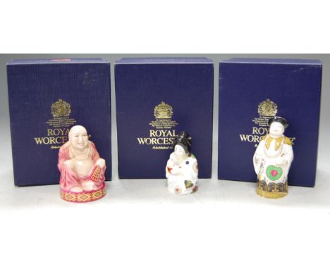 Five various Royal Worcester figural candle-snuffers, to include Mandarin, Smiling Buddha, Japanese Girl, Sleeping Buddha, an