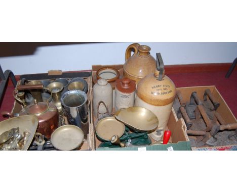 Three boxes containing a quantity of mixed metalware and bygones, to include stoneware flagons, brass and copper kettle, scal