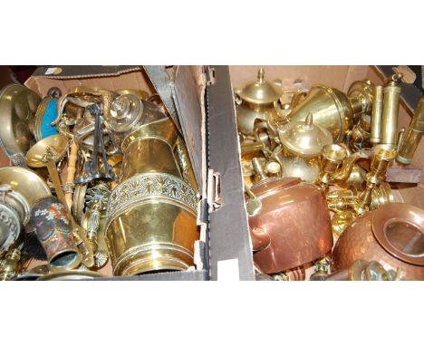 Two boxes containing a quantity of mixed copper and brassware, to include oil lamp, candlesticks, reproduction Imperial of Lo