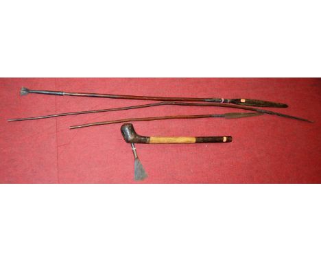 An early 20th century Shona (Zimbabwe) fighting axe; together with three associated fighting spears