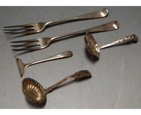 A small collection of silver flatwares to include 18th century silver table fork, sifting spoons etc