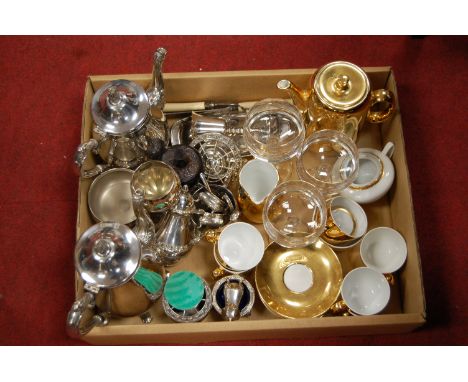 Sundry modern plated wares, glassware, Royal Worcester True Porcelain part coffee set etc