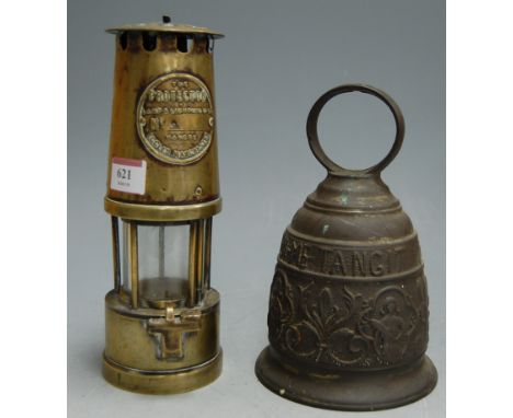 A brass miners safety lamp by the Protector Lamp and Light Co Ltd makers of Eccles, Manchester; together with a hand bell (2)