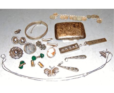 A small collection of miscellaneous items to include two modern silver ingots, George V silver pocket cigarette case, silver 