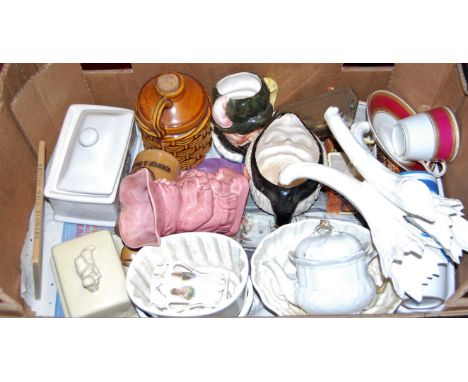A box of miscellaneous china to include Lurpak butter dish, various ceramic jelly moulds, Rolls razor etc