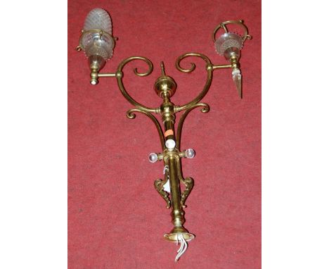 An early 20th century lacquered brass twin sconce ceiling light fitting (lacking one shade)