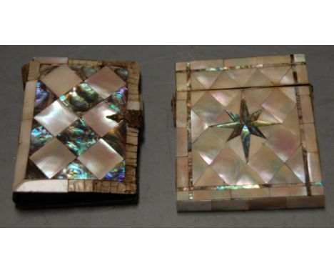 A Victorian mother of pearl visiting card case (a/f) and a Victorian mother of pearl and abalone shell ladies purse (2)