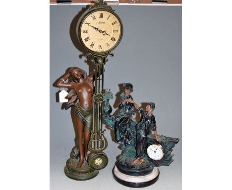 A reproduction resin figural mantel clock; together with one other Art Nouveau style pendulum clock (2)