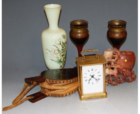 A small collection of miscellaneous items to include soapstone carving, pair of bellows, carriage clock etc