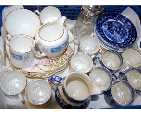 A 20th century sugar sifter having a cut glass body and silver mount, together with blue &amp; white transfer decorated coffe