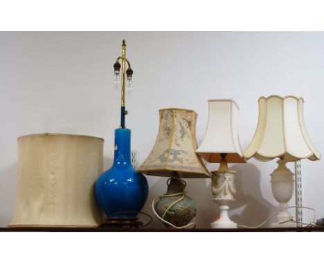 In the manner of Bernard Rooke - a studio pottery lamp base and shade; together with a large turquoise glazed table lamp; and