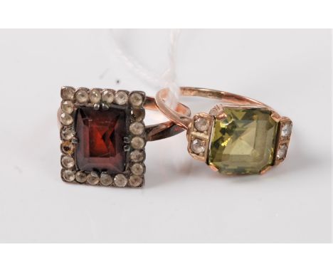 Two gemset rings, the first a peridot and white hardstone ring, size K, together with a red and white hardstone ring, size N,
