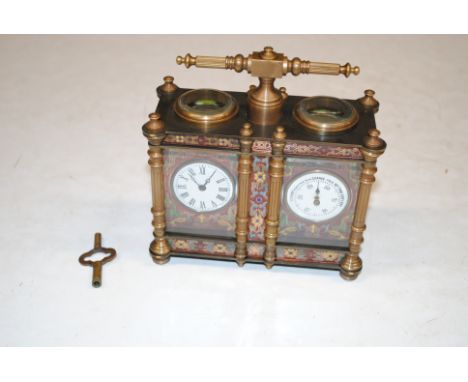 A cloisonné decorated double carriage clock barometer