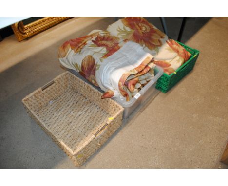 A pair of curtains and a wicker basket