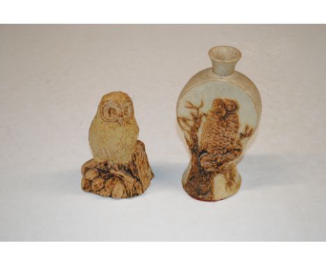 A Bernard Rooke pottery candlestand decorated with an owl, initialled BR and a Bernard Rooke pottery model of an owl initiall