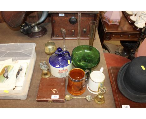 A small quantity of china and glassware to include Grants Deluxe Scotch Whisky decanter, lacking contents, cased coffee bean 