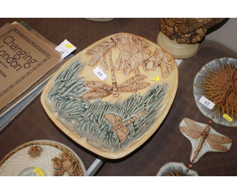 A Bernard Rooke pottery dish decorated with dragonflies 