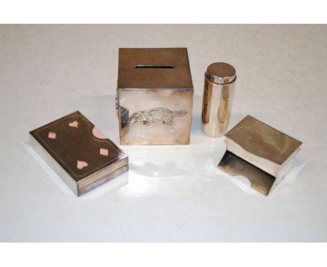A Viners silver plated money box; a silver plated playing card holder; a silver plated dispenser and a silver plated box with