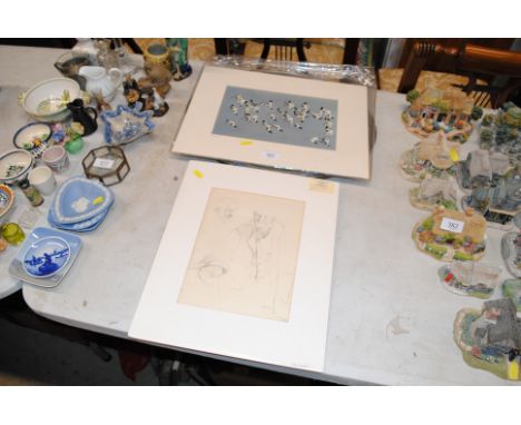 A photographic print together with an unframed sketch by Stennett 'Fisherman Studies' and an avocet print