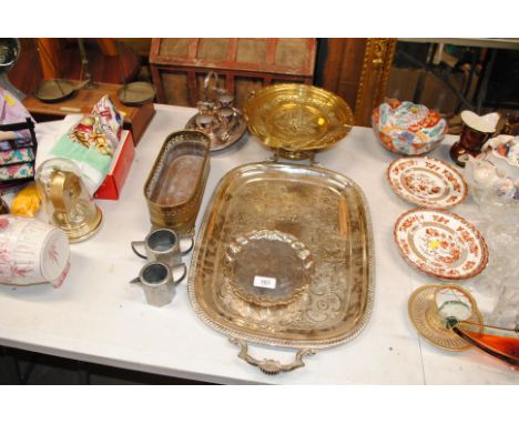 A brass pierced planter, pewter sugar bowl and milk jug, twin handled silver plated tray etc.