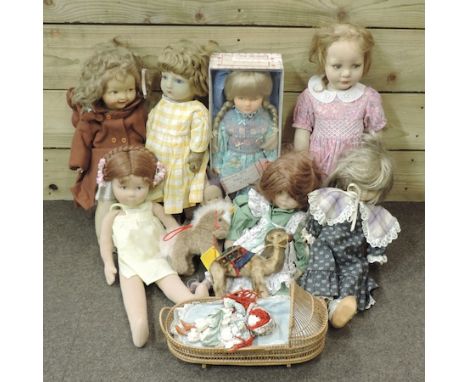 A Chad Valley Bambina doll, wearing a yellow gingham dress, 45cm tall, together with a collection of dolls to include Glorex,