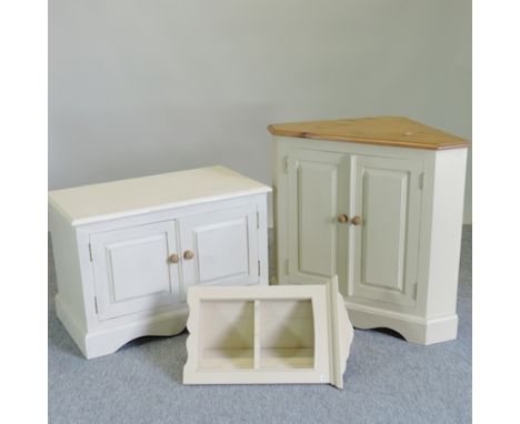 A painted and pine corner cabinet, 91cm, together with a painted pine two door cabinet and hanging corner shelf 