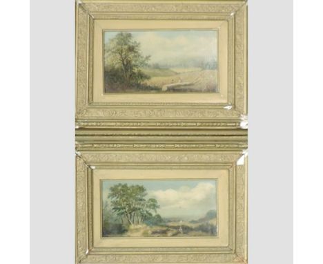 English School, 19th century, landscape with figures by trees, oil on panel, a pair, each 13 x 24cm 