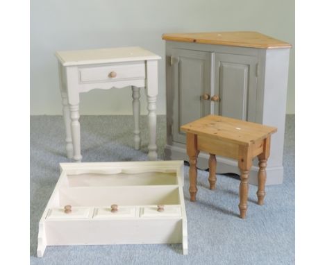 A painted and pine corner cabinet, 91cm, with a hanging shelf, pine side table and a white painted side table with a single d