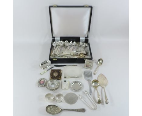 A silver cigarette box, together with a collection of silver plated items, to include napkin rings, a Ronson table lighter an