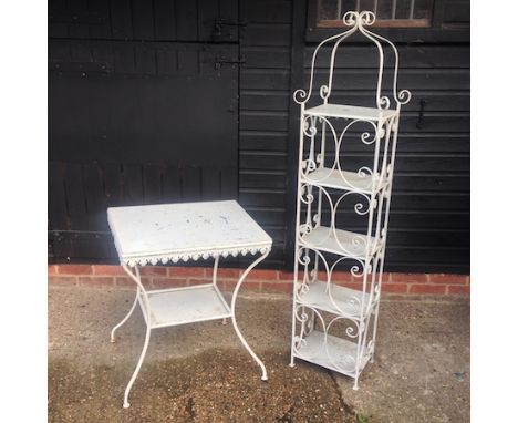 A white painted metal table, 63cm, together with a matching five tier shelf, 163cm tall