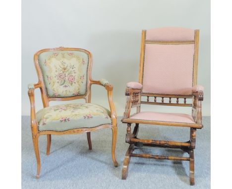 A continental tapestry upholstered show frame open armchair, together with a 19th century red upholstered American rocking ch