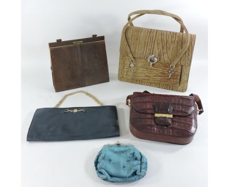 A collection of vintage handbags, to include a lizard skin bag, a blue velvet bag and a Fenwick bag