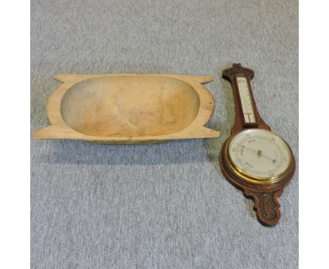 A 19th century dough trough, 58cm, together with an oak cased aneroid barometer 