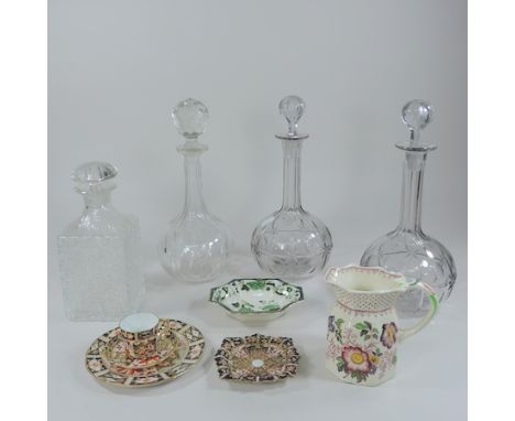 A collection of three 19th century glass decanters, a modern decanter, a Masons jug and dish and three Crown Derby Imari item