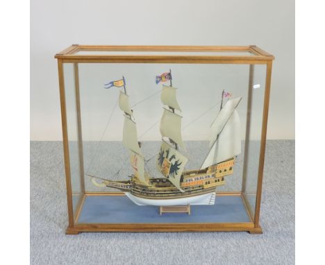 A scale model of a Spanish Galleon, in a glazed display case, 86cm wide 