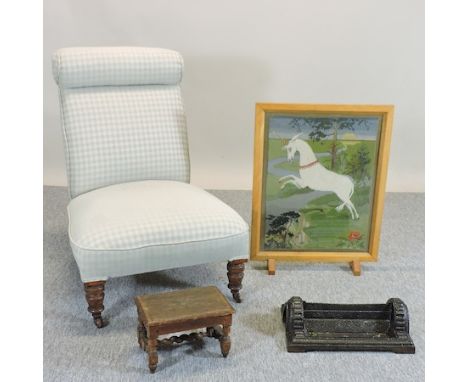 A Victorian upholstered nursing chair, together with an oak stool, a fire screen and boot scraper, 43cm  