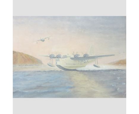 R. Hopper, 20th century, a sea plane landing, signed, oil on canvas, 39 x 55cm 