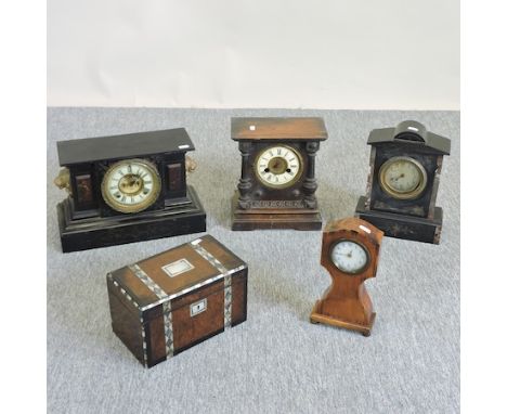 A 19th century black slate mantel clock, three others and a 19th century inlaid tea caddy, widest 38cm 