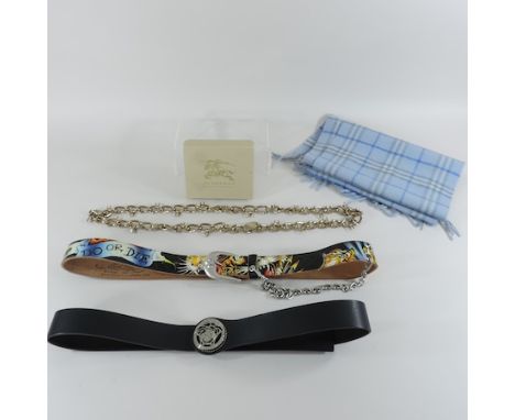 A Burberry link necklace, boxed together with a Burberry scarf, a Versace belt and an Ed Hardy belt 