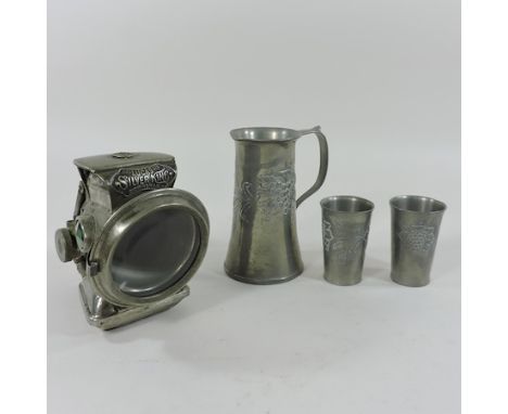 A Silver King motorcycle bike lamp, together with pewter mugs