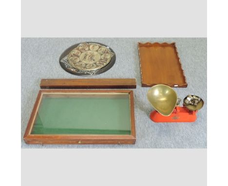 A pair of scales and weights, together with a display cabinet, 67cm, and three trays 