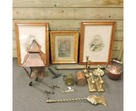 A collection of 19th century and later copper and brass ware, to include stair rods and a copper lantern, together with three