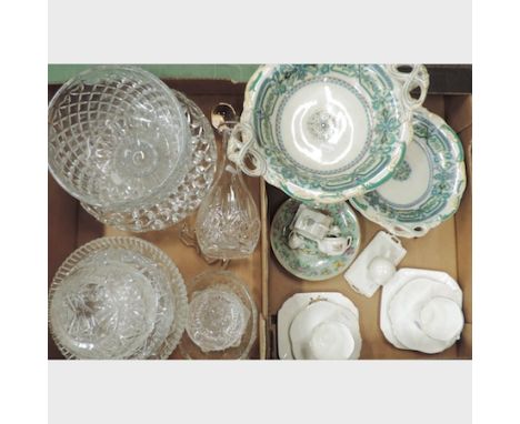 Two boxes of china and glass to include a Victorian fruit service, Goss ware, a glass decanter and various bowls 