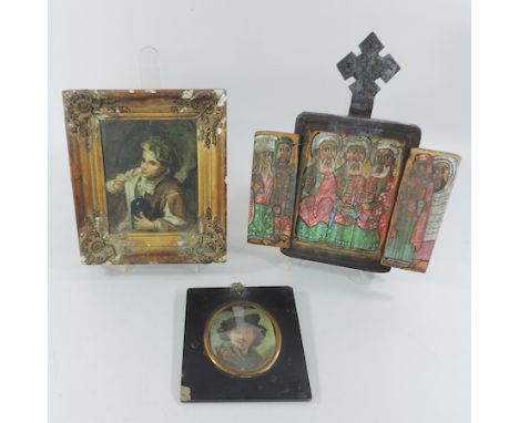 Continental School, 19th century, portrait of a young boy holding a bottle, watercolour, 15 x 12cm, together with a miniature