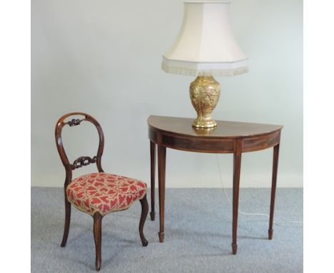 A George III mahogany and satinwood cross banded half round side table, 91cm, together with a Victorian balloon back chair an