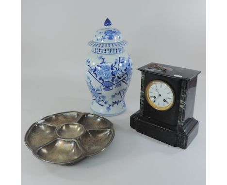 A Chinese blue and white ginger jar and cover, 42cm tall, together with a Victorian black slate mantel clock and a plated hor