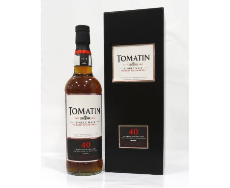 TOMATIN 40YOA well aged and presented bottle of the Tomatin 40 Year Old Single Malt Scotch Whisky.  70cl. 42.9% abv.  Distill