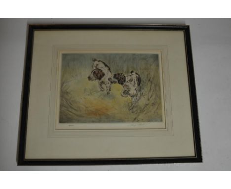 A framed limited edition print (74/150) of 2 Gundogs by Henry Wilkinson and signed in pencil by the artist. 58.4x48.5cm. 