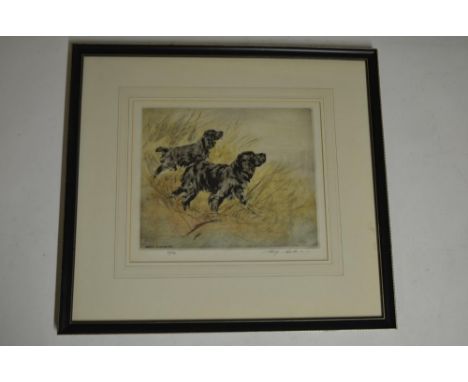 A framed limited edition print (37/150) of 2 Gundogs by Henry Wilkinson and signed in pencil by the artist. 53.5x48.5cm. 